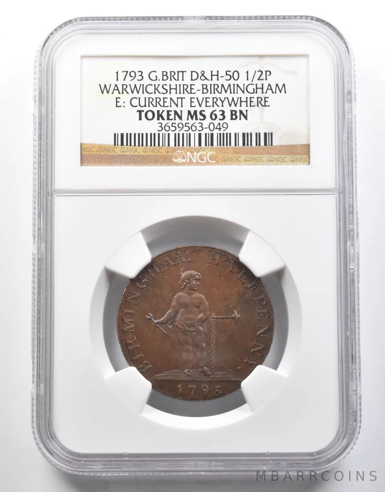 1793 Great Britain 1/2 Penny Warwickshire-Birmingham Token MS63 BN NGC a4025