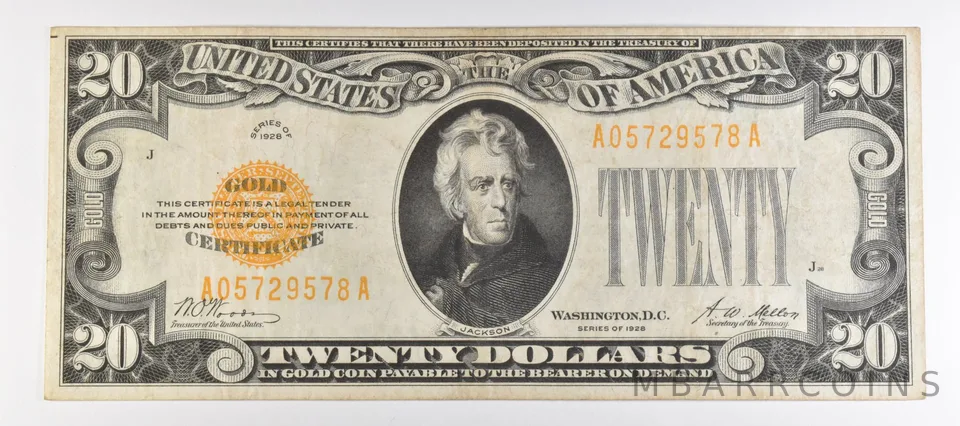 1928 $20 US Gold Certificate Fr#2402 *1005