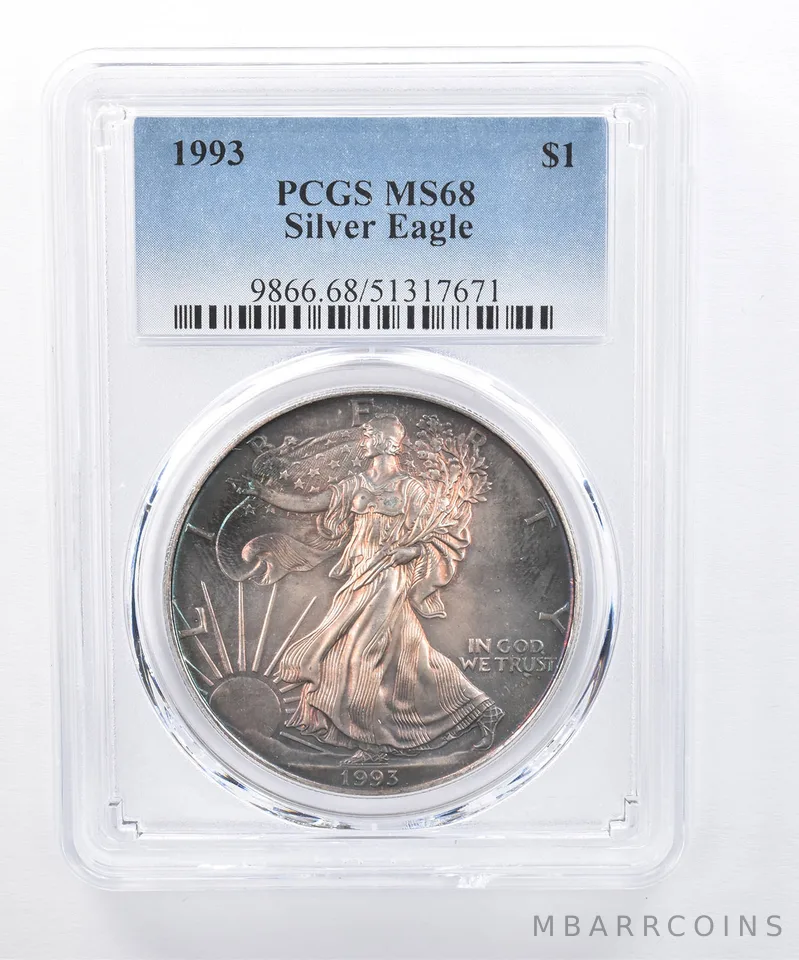 1993 American Silver Eagle MS68 PCGS Blue/Purple Tone *8279