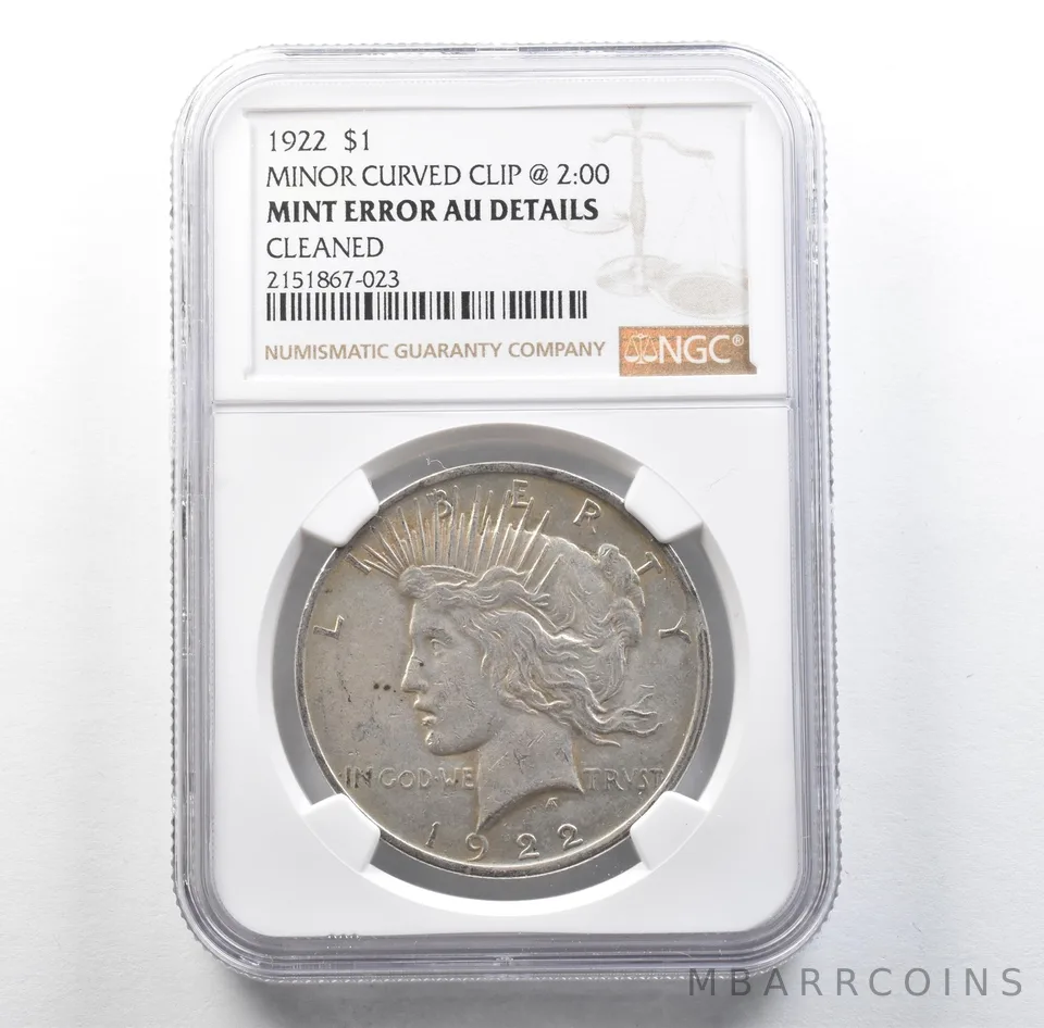 1922 Peace Silver Dollar Error Minor Curved Clip @ 2:00 AU Details NGC *3169