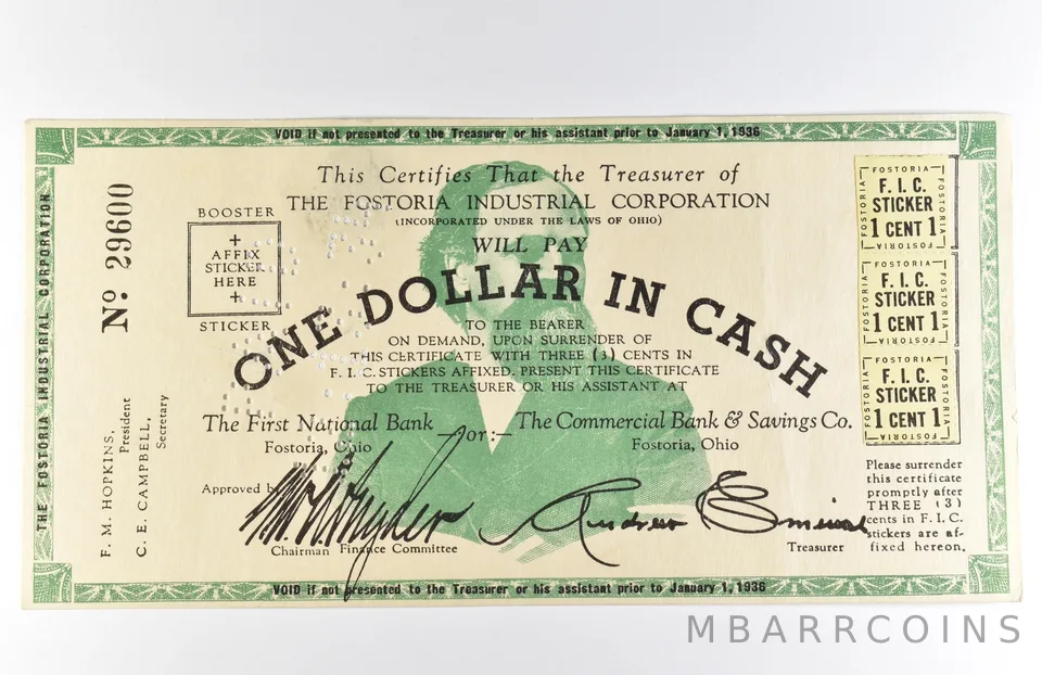 1936 $1 Fostoria OH Industrial Corporation Obsolete Note *8585