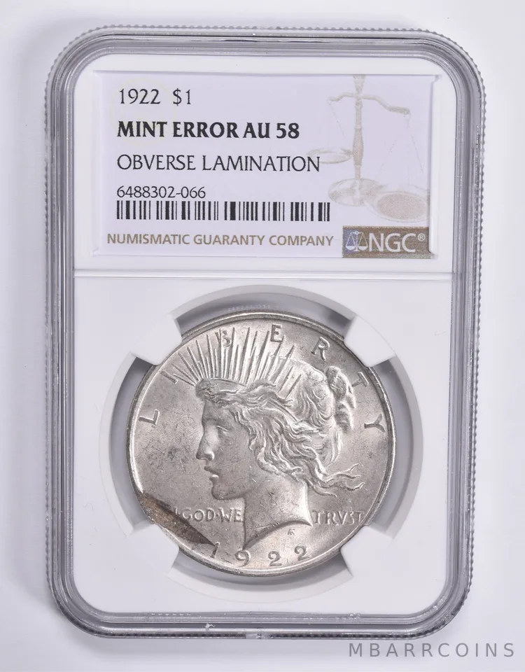 MINT ERROR AU58 1922 Peace Silver Dollar OBV Lamination NGC *1861