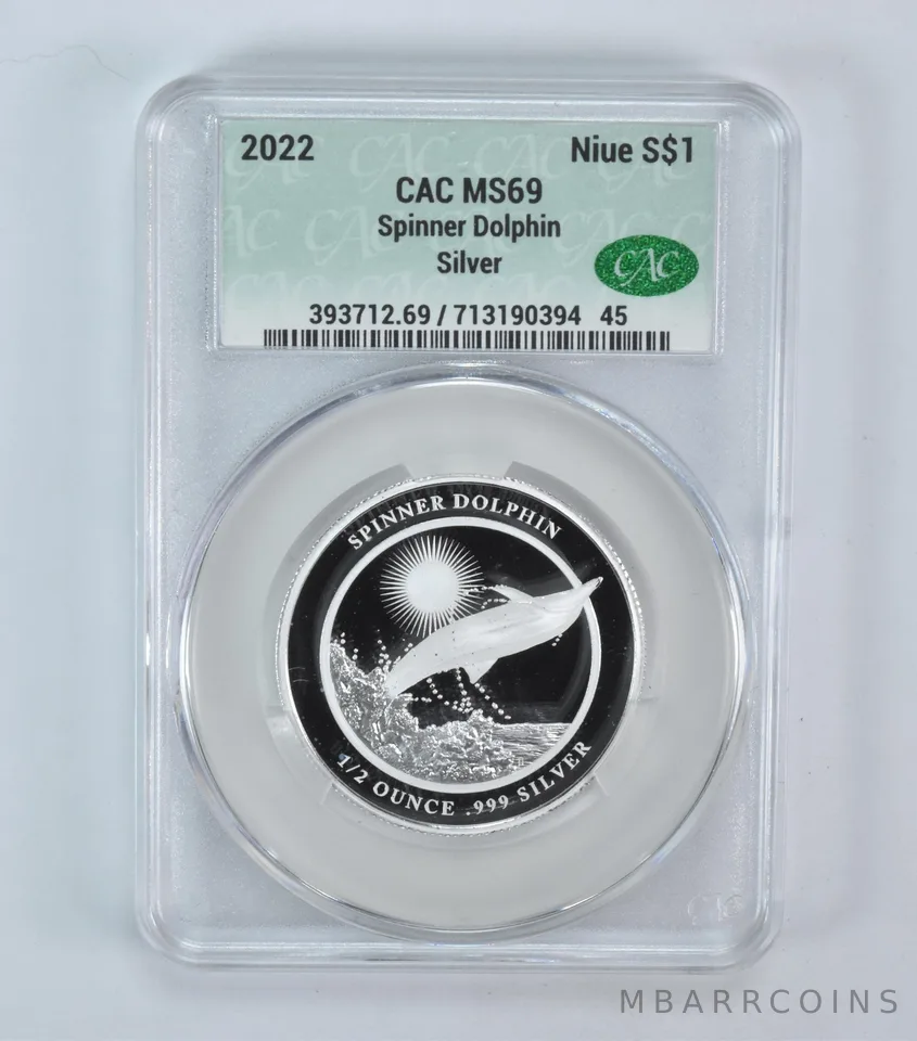 2022 Niue 1 Dollar Silver Spinner Dolphin 1/2 Oz MS69 CAC CACg