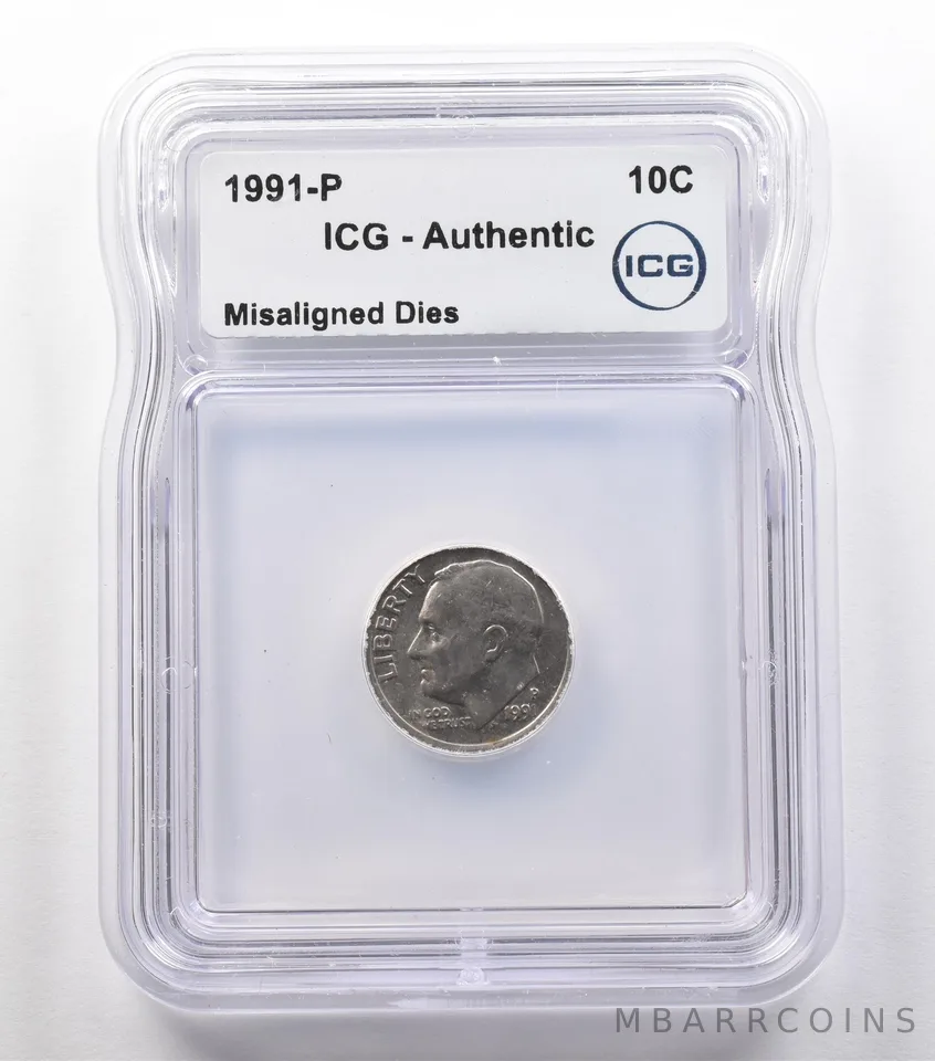 1991-P Roosevelt Dime Mint Error Misaligned Dies Authentic ICG *2431