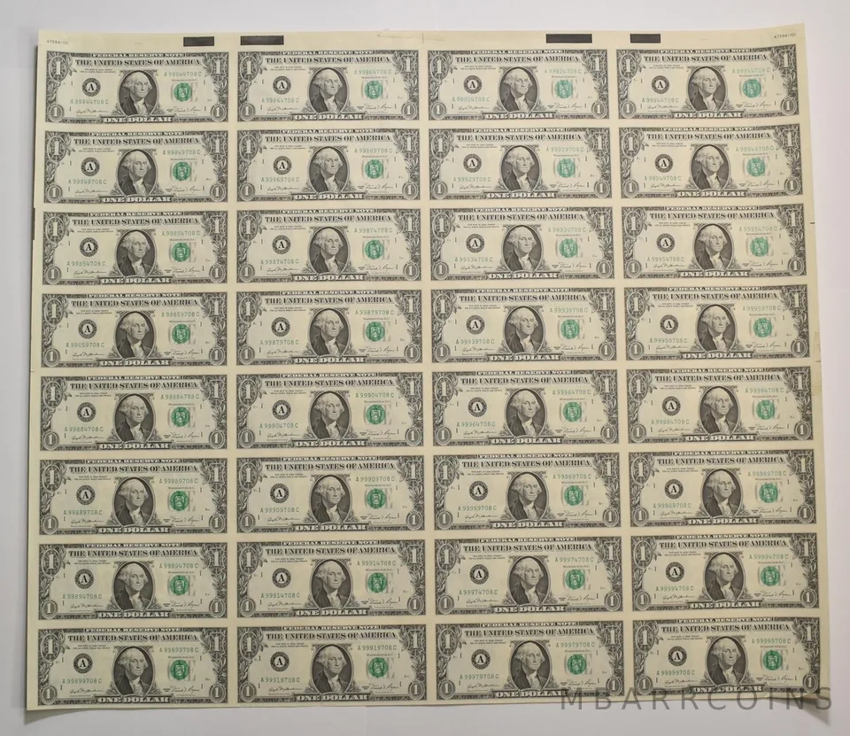 Lot (32) 1981 $1 Boston MA FRN Green Seal Uncut Sheet *5922