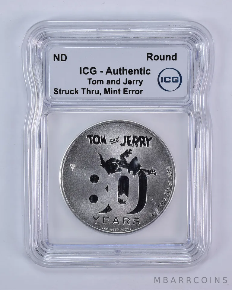 (ND) 1 Oz Silver Round Tom And Jerry Mint Error Struck Thru Authentic ICG