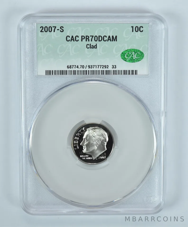2007-S Roosevelt Dime CLAD PR70 DCAM CAC CACg