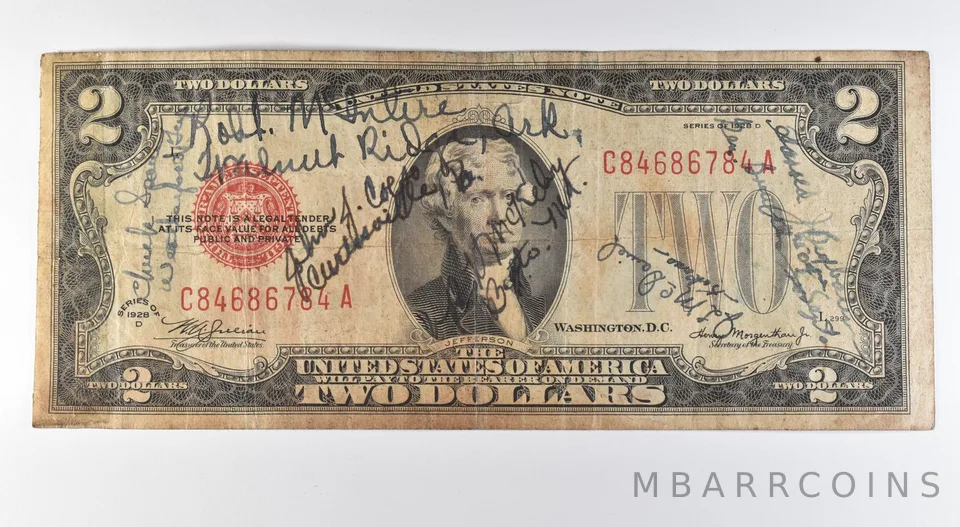 1928 D $2 US Note Red Seal Short Snorter *9639