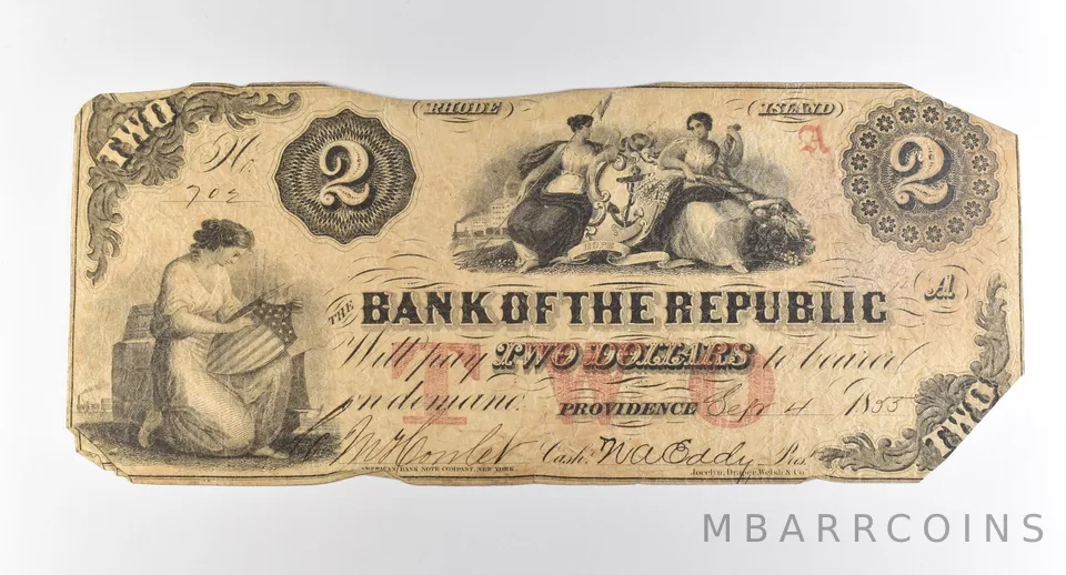 1855 $2 Providence RI Bank Of The Republic Obsolete Note *3772