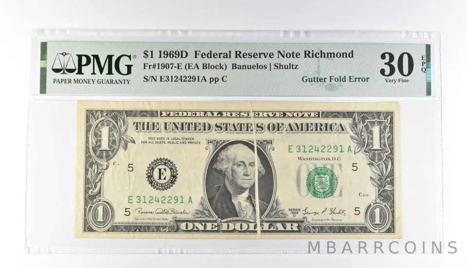 PMG 30 VF EPQ $1 1969D FRN Richmond Fr#1907-E Gutter Fold Error *3201