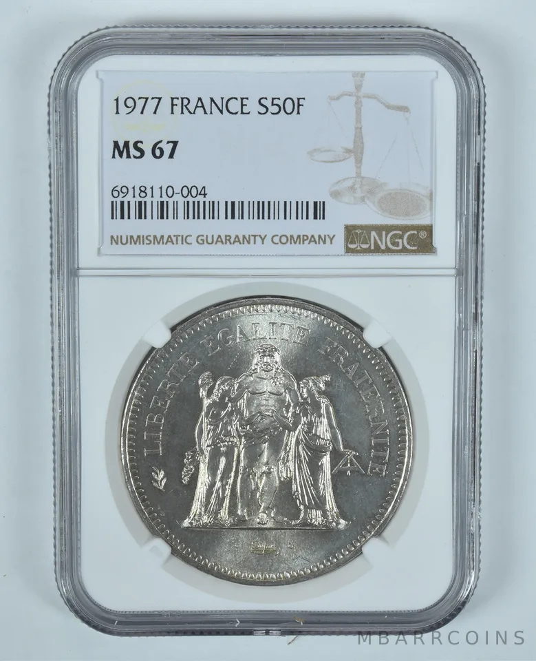 1977 France 50 Francs Silver MS67 NGC Brown Label