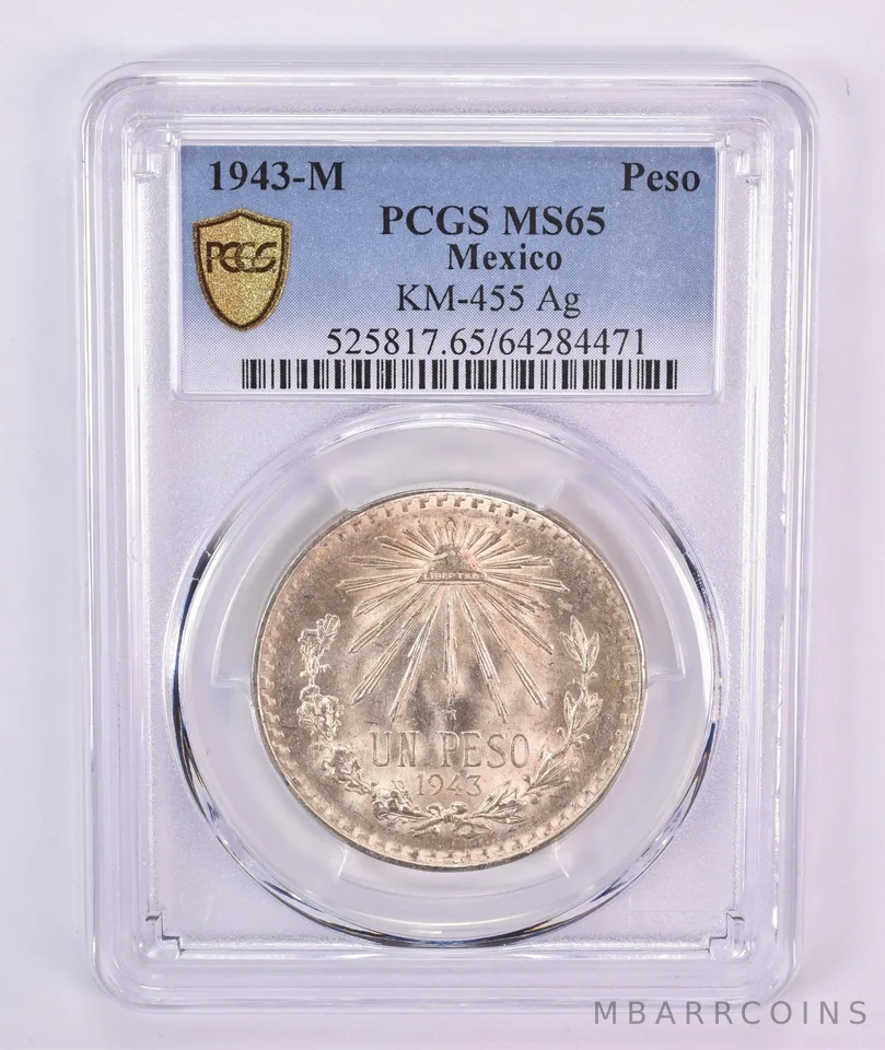 1943 M Mexico Peso Silver KM-455 MS65 PCGS Blue Label