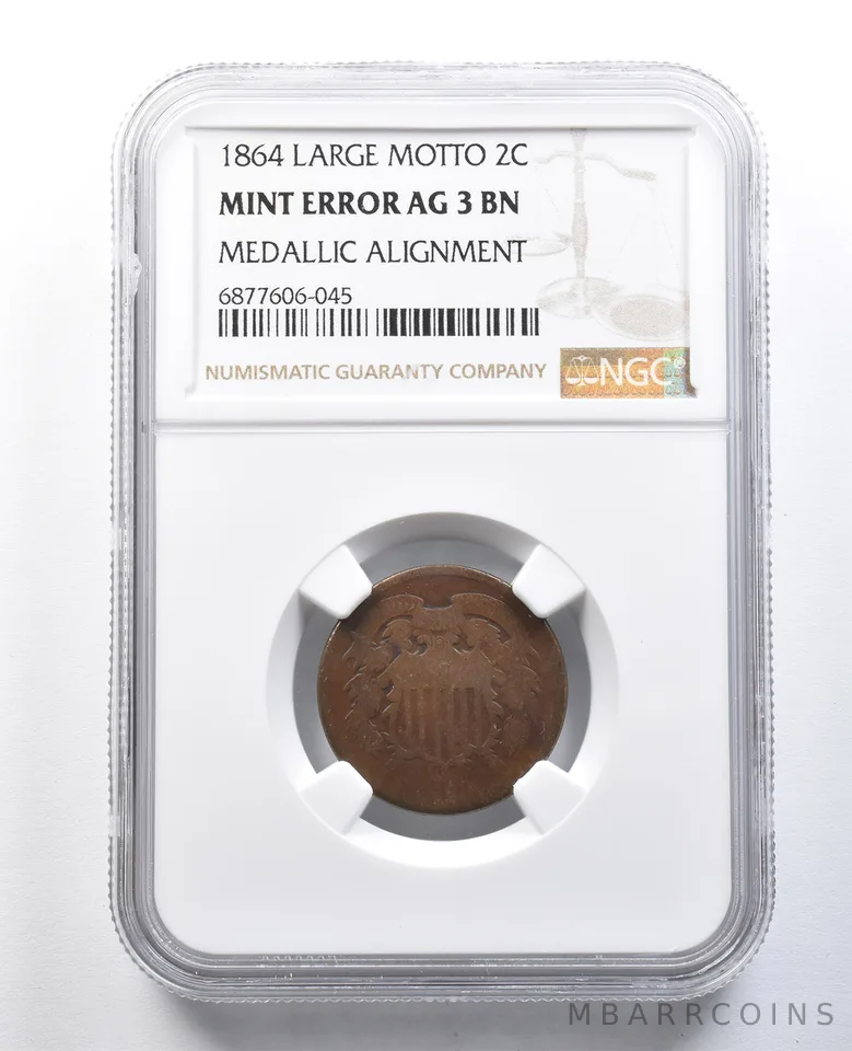 1864 Shield Two Cents Large Motto Mint Error Medallic Alignment AG3 BN NGC *8232