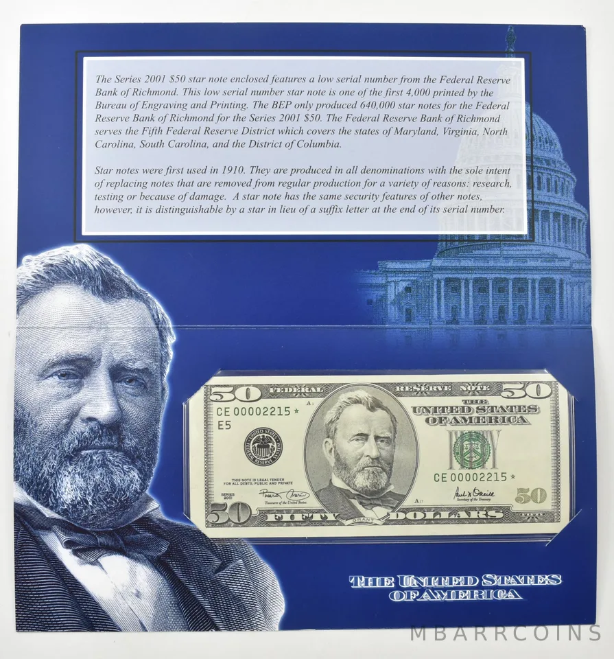 2001 $50 FRN Star Note Green Seal Bureau Of Engraving *7956