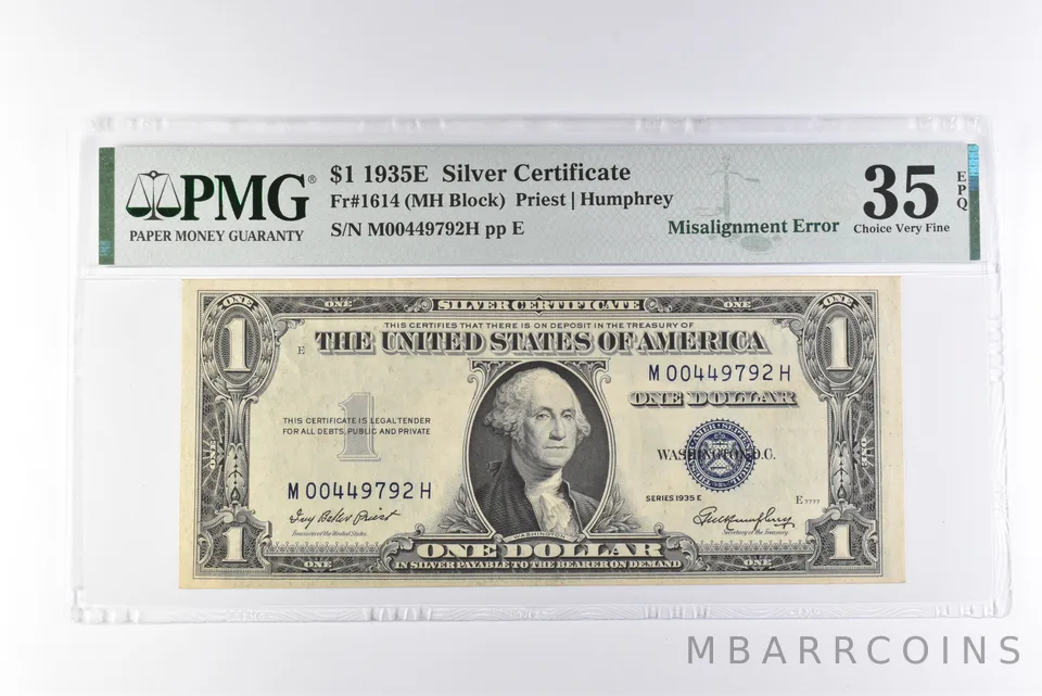 PMG 35 Choice VF EPQ $1 1935E Silver Cert Fr#1614 Misalignment Error *3091