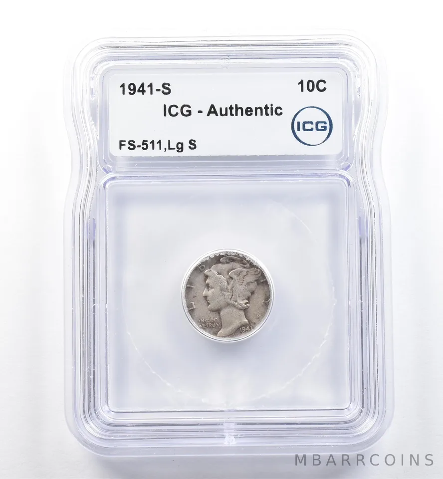 1941-S Mercury Dime FS-511 Lg S Authentic ICG *5983