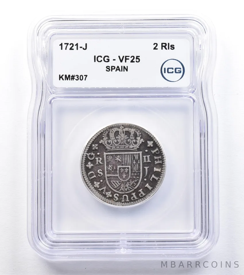 1721 J Spain 2 Reales KM#307 VF25 ICG *1798