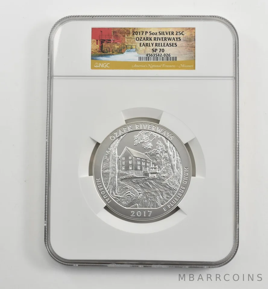 2017-P 5 Oz Silver Quarter ATB Ozark Riverways ER SP70 NGC *1597