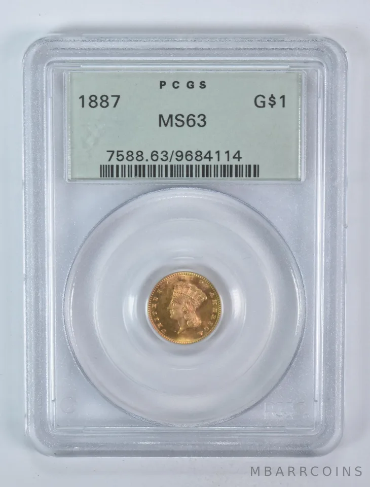 1887 $1 Indian Princess Head Gold Dollar MS63 PCGS OGH a5952
