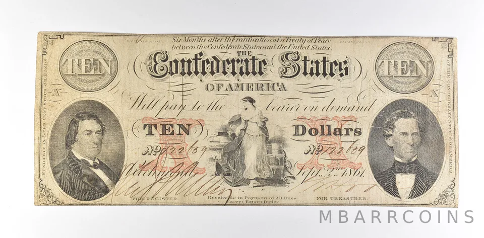 1861 $10 Confederate States Of America T-26 Large Note a8560
