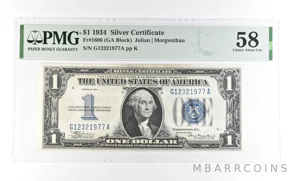 1934 $1 Silver Certificate Fr#1606 Choice About Unc 58 PMG *6987