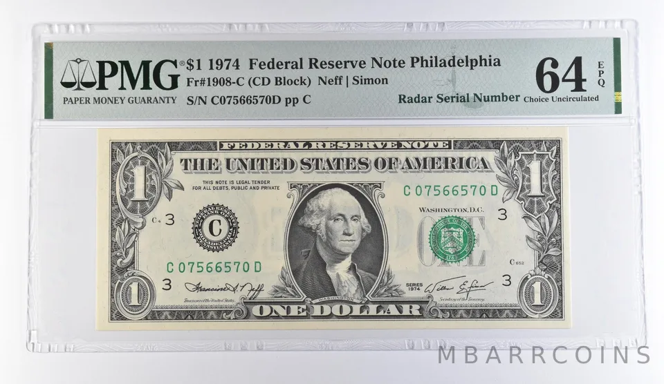 1974 $1 Philadelphia PA FRN Radar S/N Fr#1908-C Choice Unc 64 EPQ PMG *9491