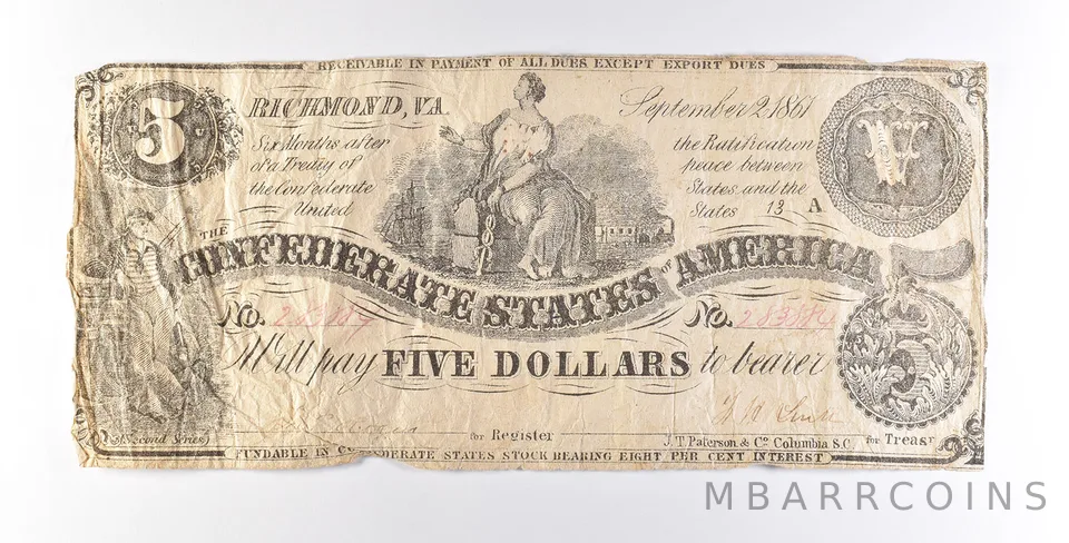 1861 $5 Confederate States Of America Note T36 *7265