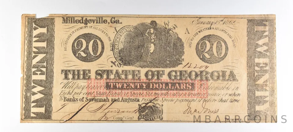 1862 $20 Milledgeville GA Obsolete Note *8803
