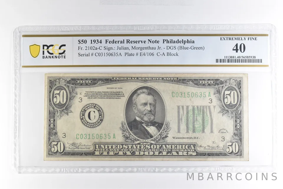 1934 $50 Philadelphia PA FRN Fr#2102a Blue-Green Seal EF 40 PCGS *4960