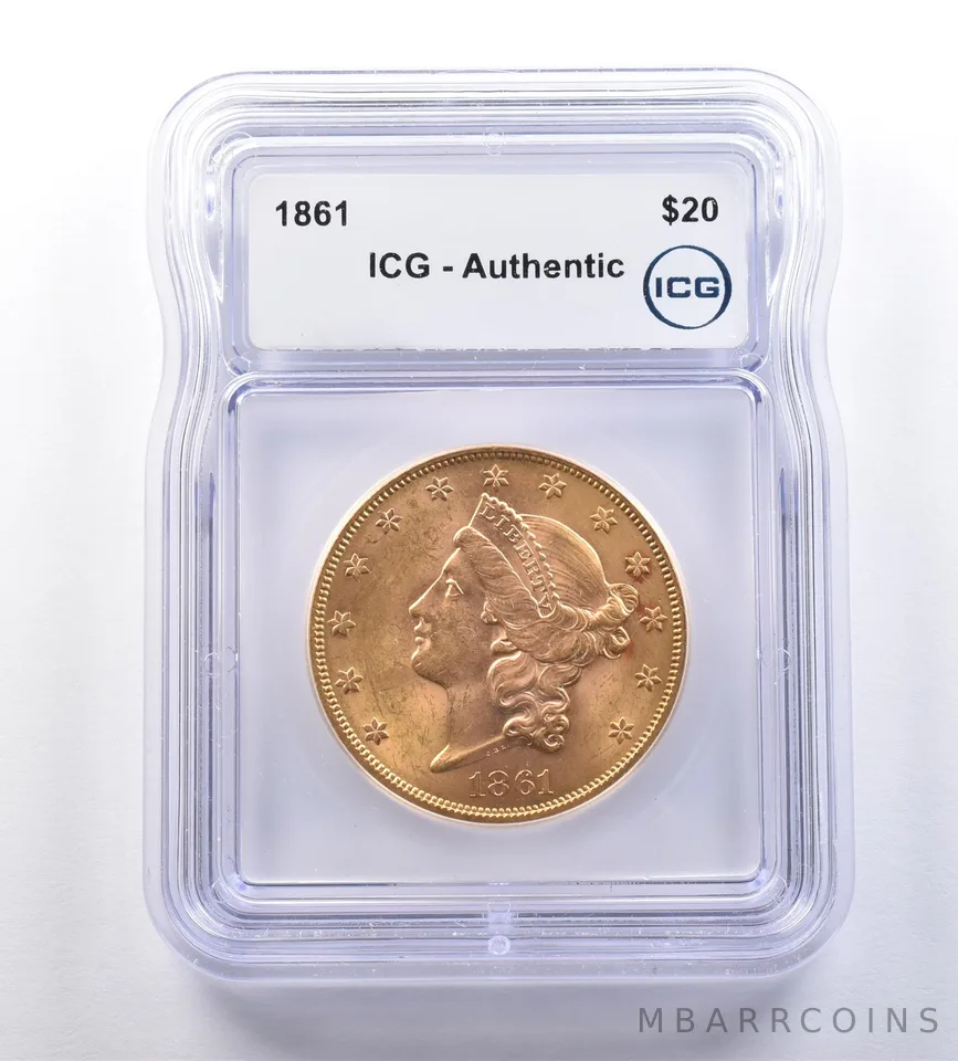 1861 $20 Liberty Head Gold Double Eagle Authentic ICG *9177