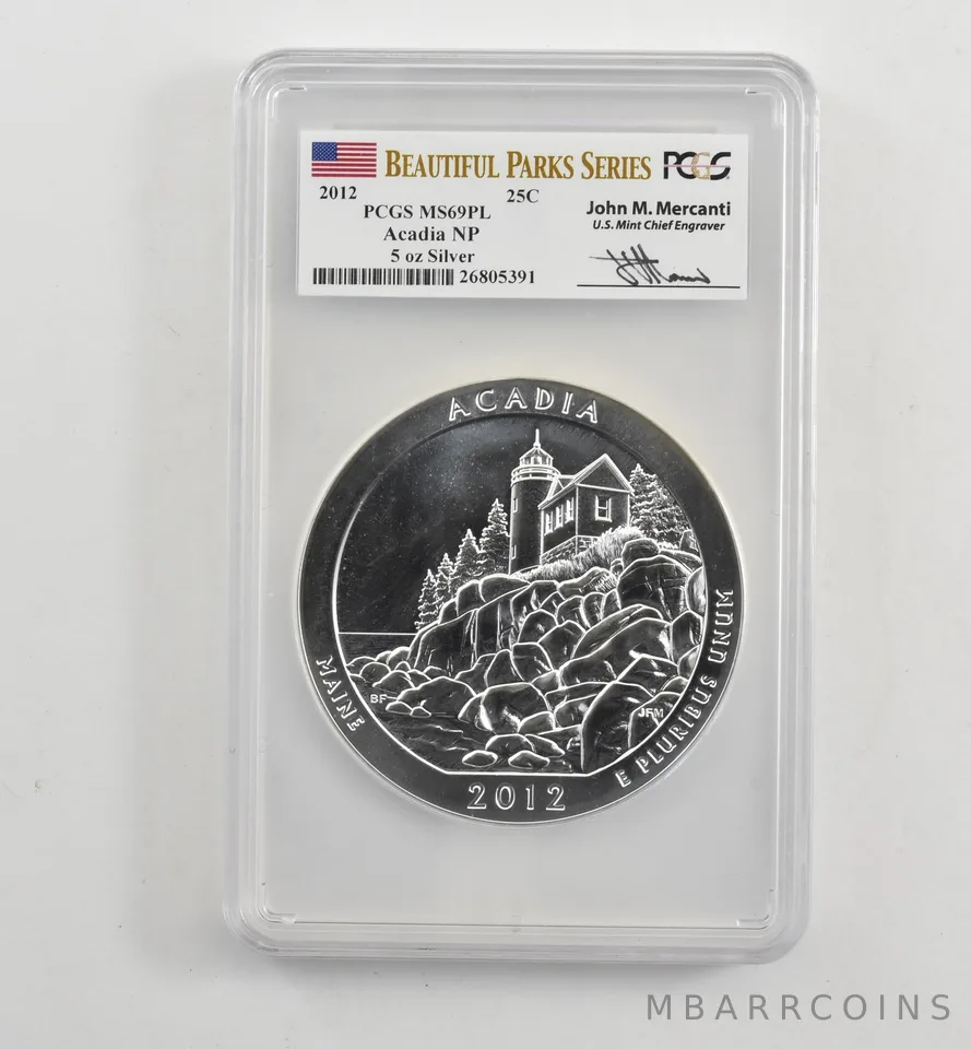 2012 5 Oz Silver Quarter ATB Acadia Mercanti MS69 PL PCGS *1707