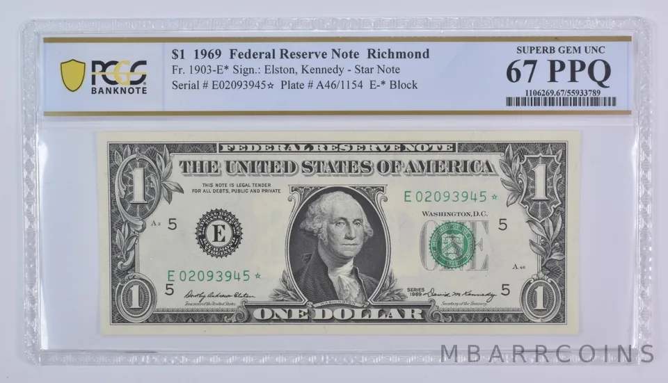 1969 $1 Richmond VA FRN Star Note Fr#1903-E* Superb Gem Unc 67 PPQ PCGS