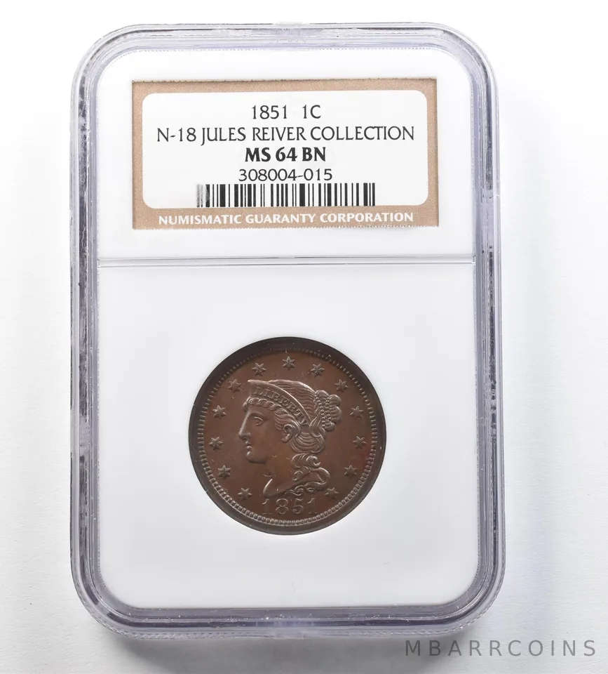 1851 Braided Hair Large Cent N-18 Jules Reiver Collection MS64 BN NGC a3448
