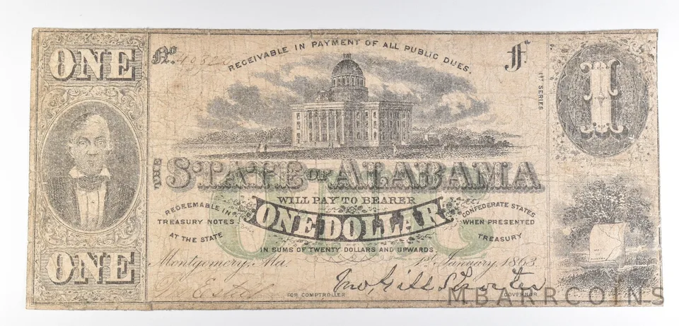 1863 $1 Alabama Obsolete Note *8627