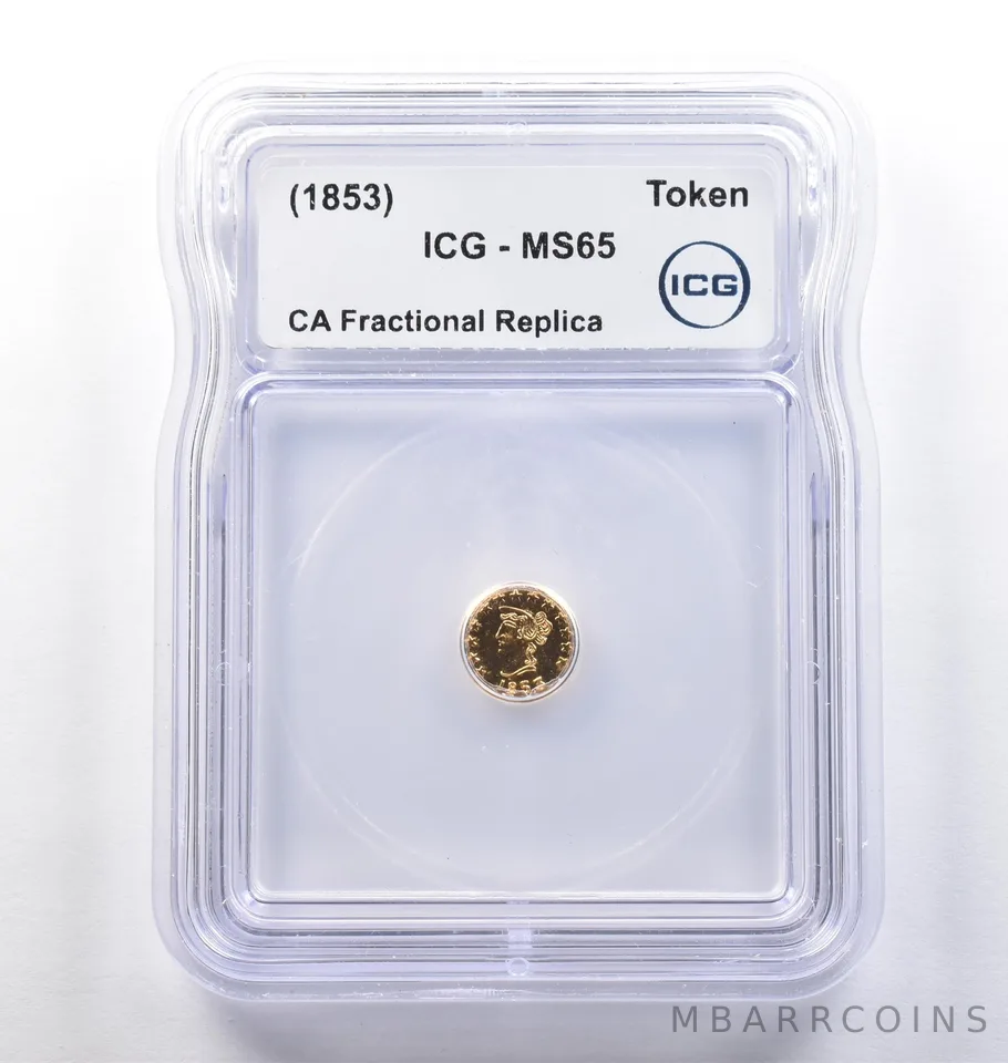(1853) CA Fractional Gold Style Token Liberty Head 1/4 Dollar MS65 ICG *3801