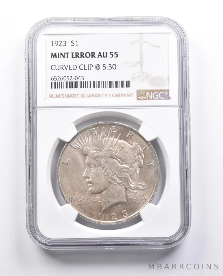 AU55 1923 Peace Silver Dollar Error Curved Clip @ 5:30 NGC *6650