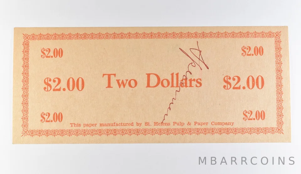 1936 $2 St Helens Sentinel-Mist Scrip *9744