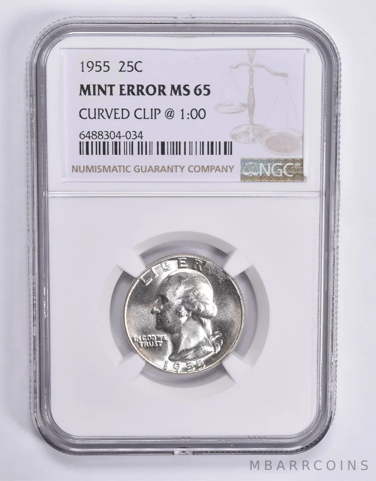 MINT ERROR 1955 Washington Quarter Curved Clip @ 1:00 NGC *1855