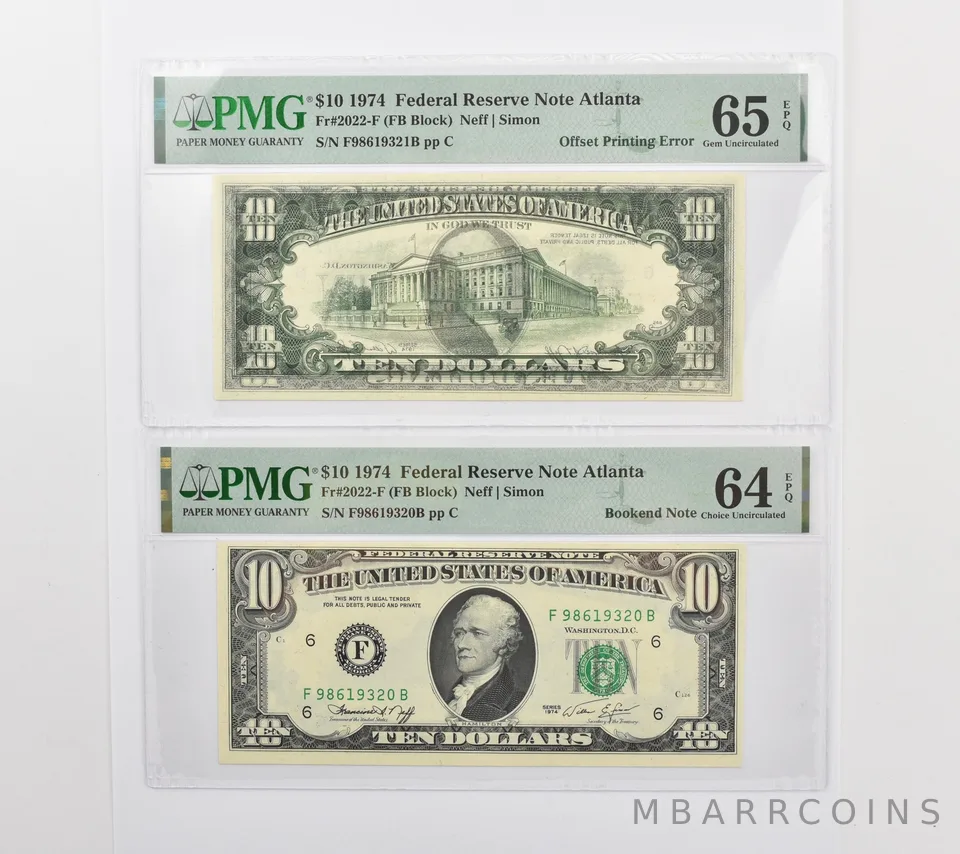 (2) 1974 $10 Atlanta GA FRN Offset & Bookend Fr#2022-F Unc 65 & 64 EPQ PMG *9433