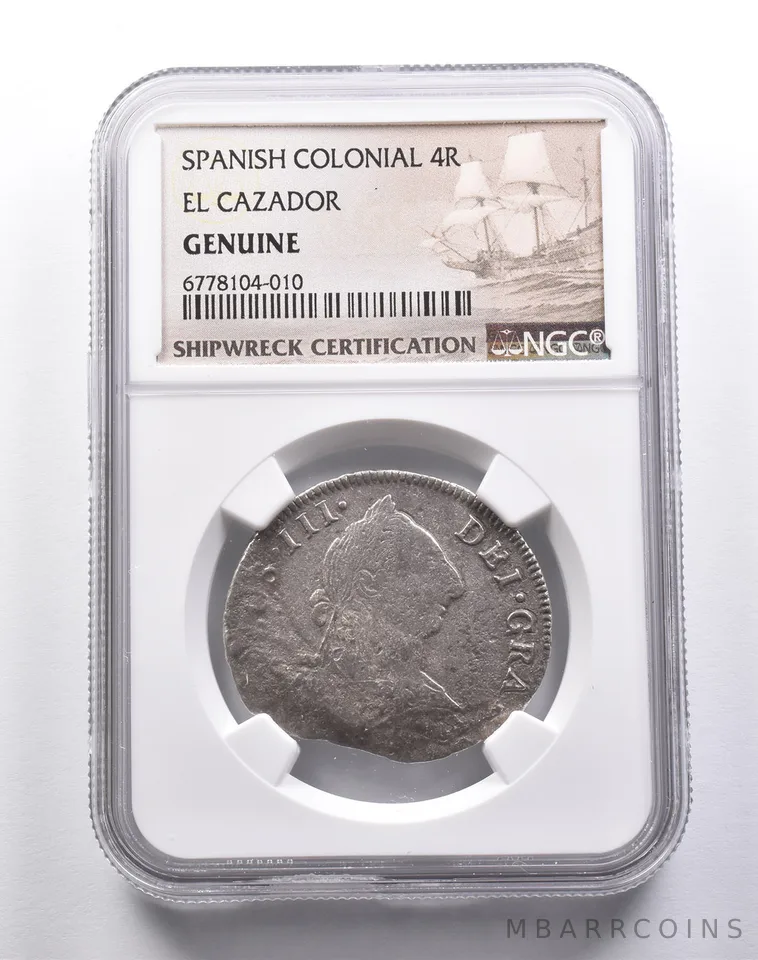 Genuine El Cazador Spanish Colonial 4 Reales NGC Shipwreck Certification *3703