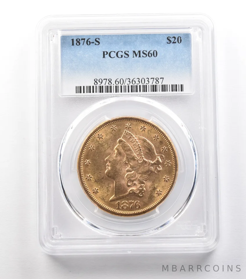 1876-S $20 Liberty Head Gold Double Eagle MS60 PCGS a1547