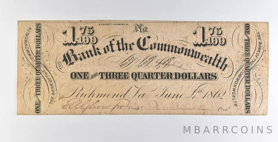 1862 $1.75 Richmond VA Bank Of The Commonwealth Obsolete Note *8922
