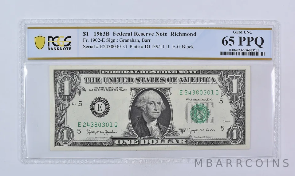 1963 B $1 Richmond VA FRN Fr#1902-E Gem Unc 65 PPQ PCGS