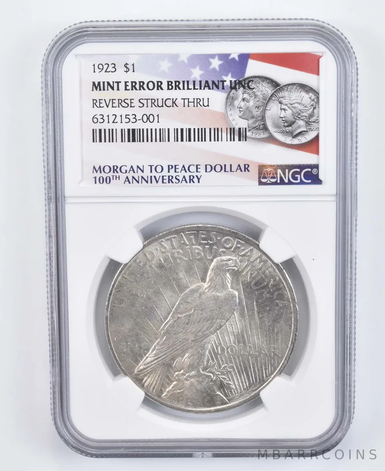 BU Mint Error 1923 Peace Silver Dollar - Reverse Struck Thru - Graded NGC *8021