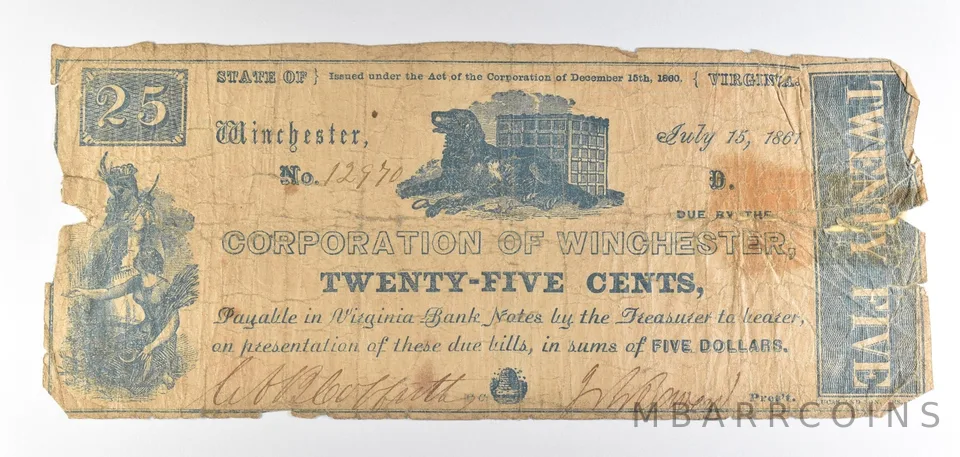 1861 25 Cents Winchester VA Obsolete Note *8870