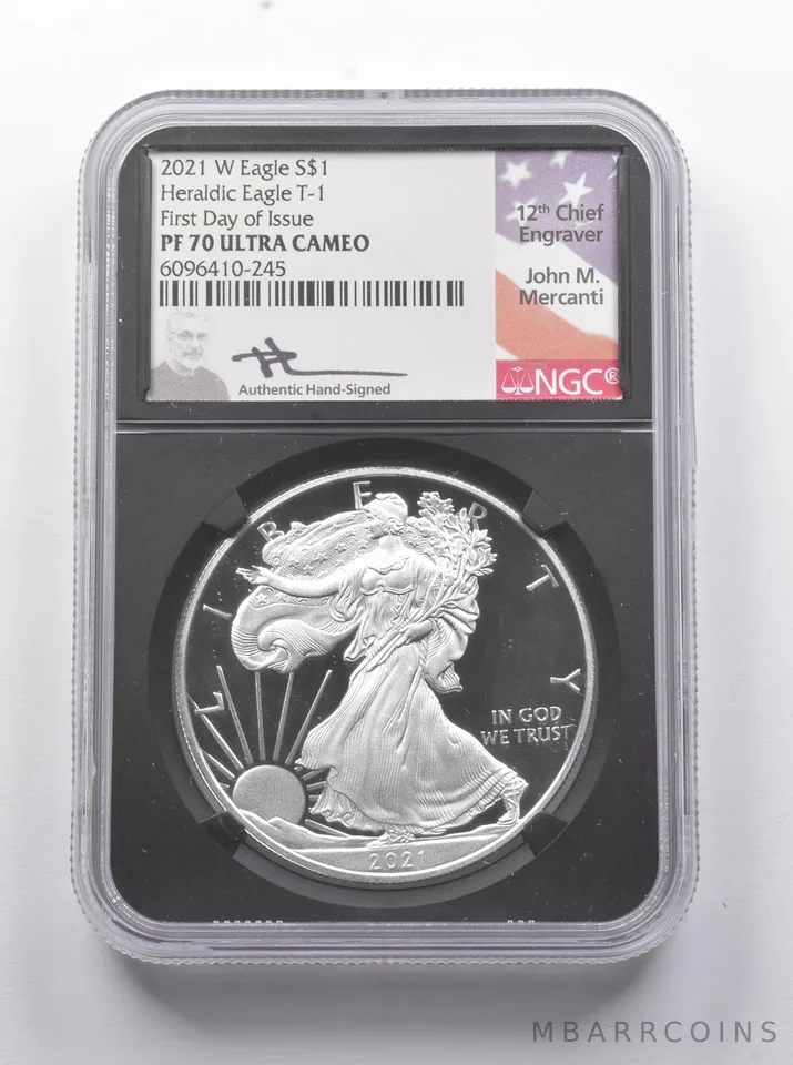 PF70 UCAM 2021-W American Silver Eagle FDOI T1 Signed Mercanti NGC *8861