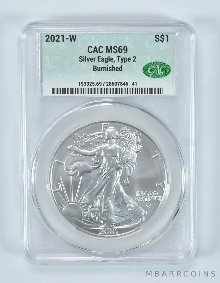 2021-W Burnished Silver Eagle Type 2 MS69 CAC CACg