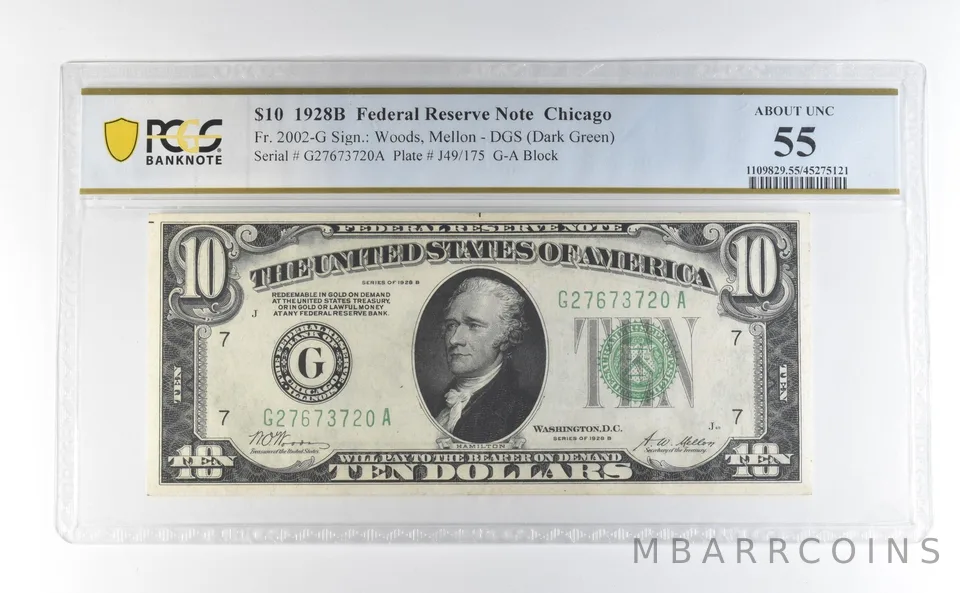 1928 B $10 Chicago IL FRN Fr#2002-G About Unc 55 PCGS a0375