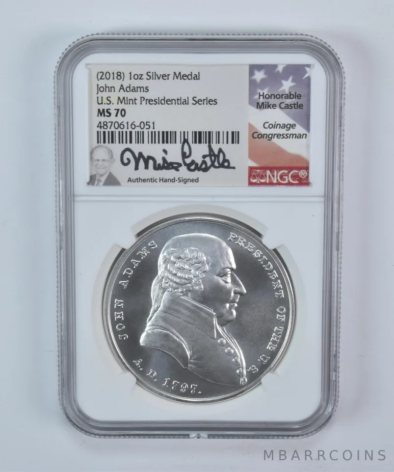 (2018) 1 Oz Silver Presidential Medal John Adams Mike Castle MS70 NGC a5715