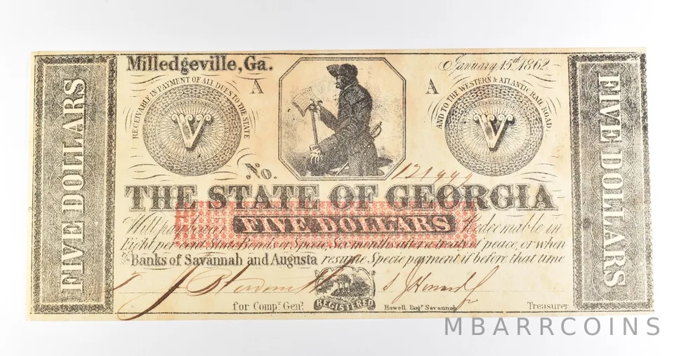 1862 $5 Milledgeville GA State Of Georgia Obsolete Note *3910